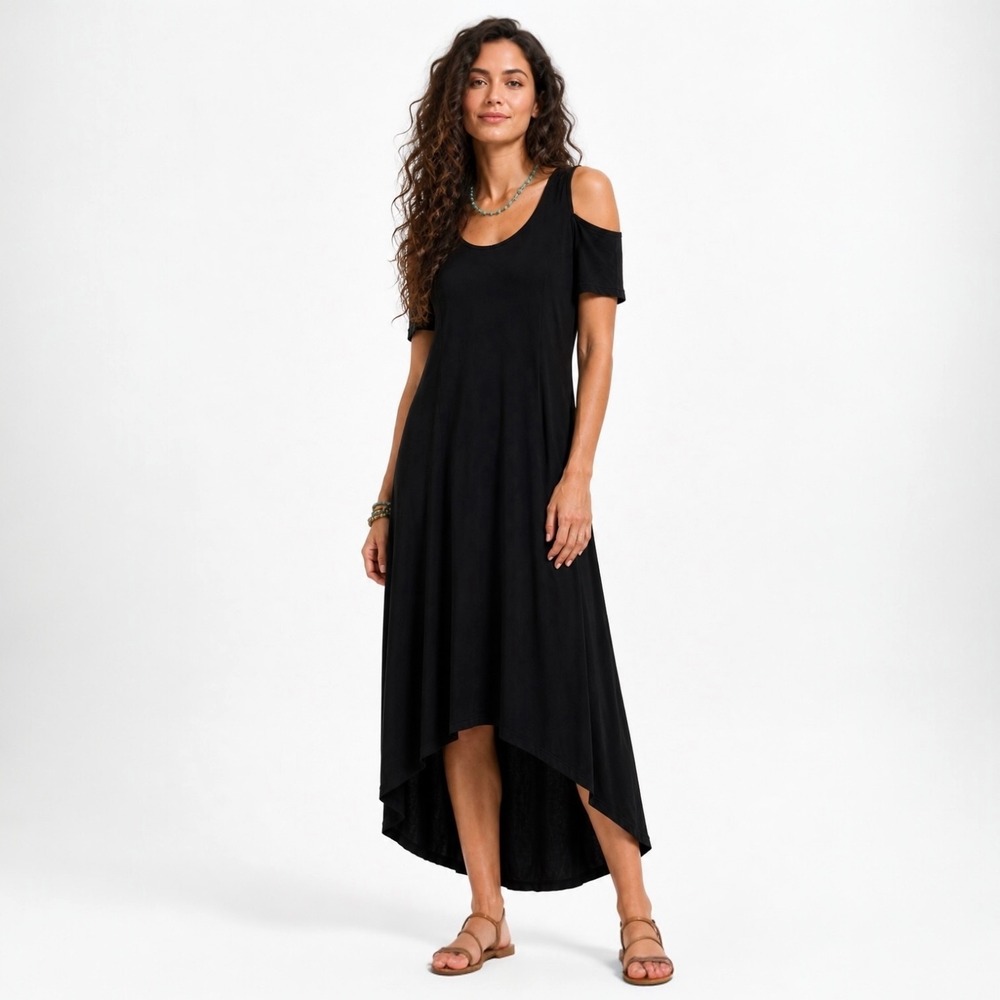 NWT Go Fish Black Maxi Dress Cold Shoulder Hi Low Swing Jersey Boho Resort Sz L